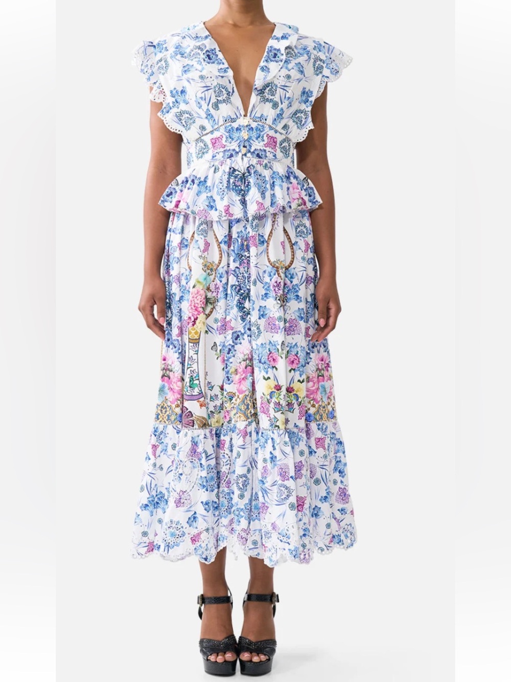 Camilla Flora Ruffle V-Neck Midi Dress in White and Blue